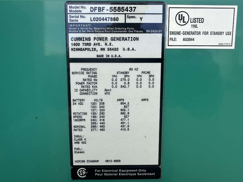 Used Cummins 275DFBF NT855-G6 Diesel Generator, 391 Hrs                            