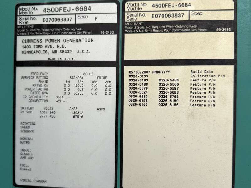Used Cummins DFEJ QSX15-G9 NR2 Diesel Generator 314 Hrs EPA Tier 2                            
