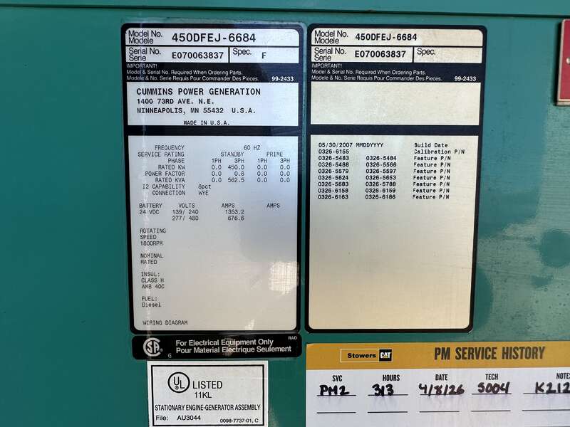 Used Cummins DFEJ QSX15-G9 NR2 Diesel Generator 313 Hrs EPA Tier 2                            