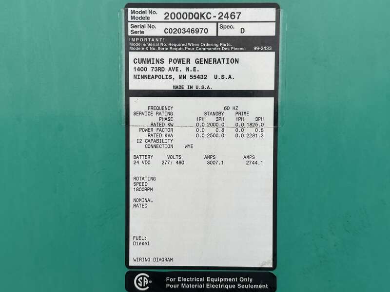 Used Cummins DQKC QSK60-G6 Diesel Generator 406 Hrs                            