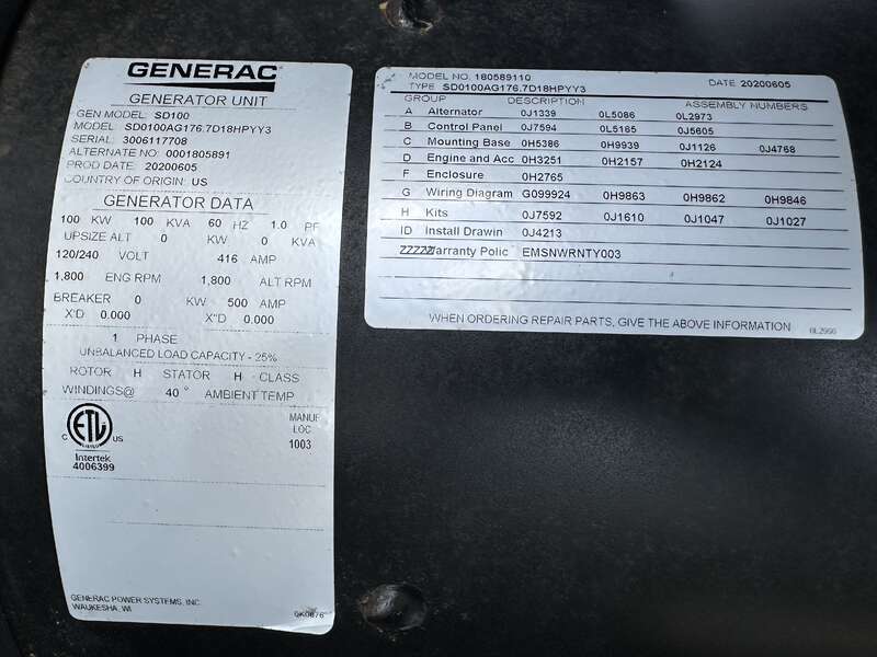 New / Surplus Generac SD100 Diesel Generator, 0 hrs, EPA Tier 3, Single Phase                            