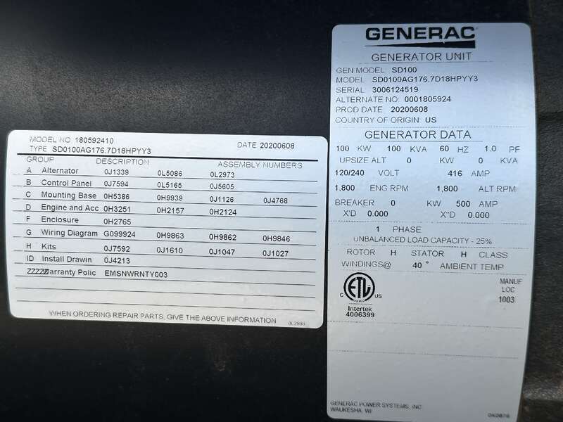 Used Generac SD100 Diesel Generator, 261 hrs, EPA Tier 3, Single Phase                            