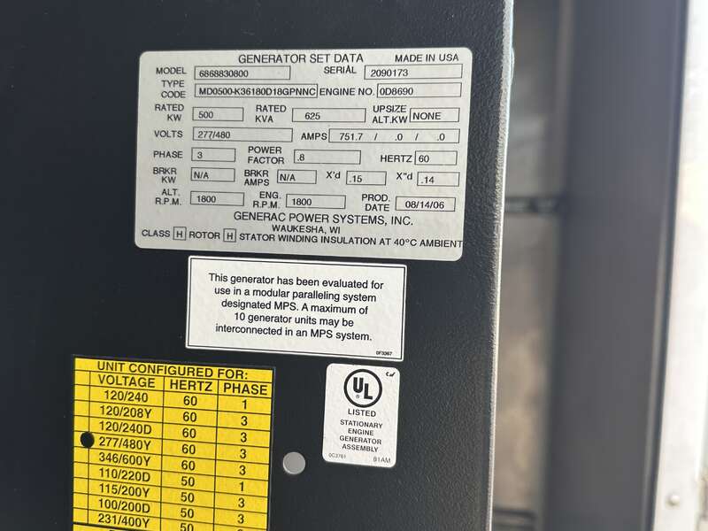Used Generac MD0500 Paralleling Diesel Generator 337 Hrs EPA Tier 2                            
