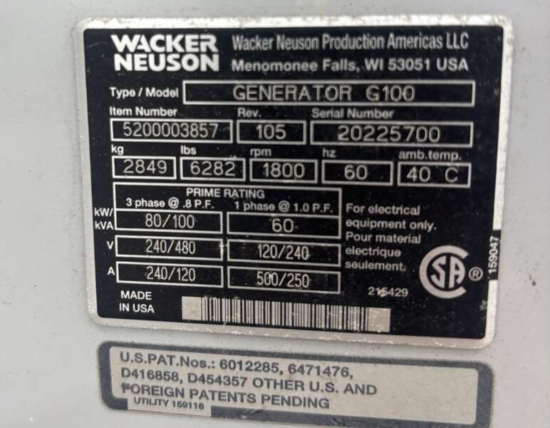 Used Wacker Neuson G100 Rental Grade Diesel Generator, 1438 Hrs, EPA Tier 4i                            