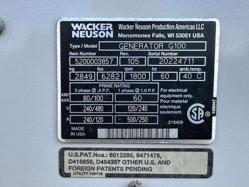Used Wacker Neuson G100 Rental Grade Diesel Generator, 814 Hrs, EPA Tier 4i                            
