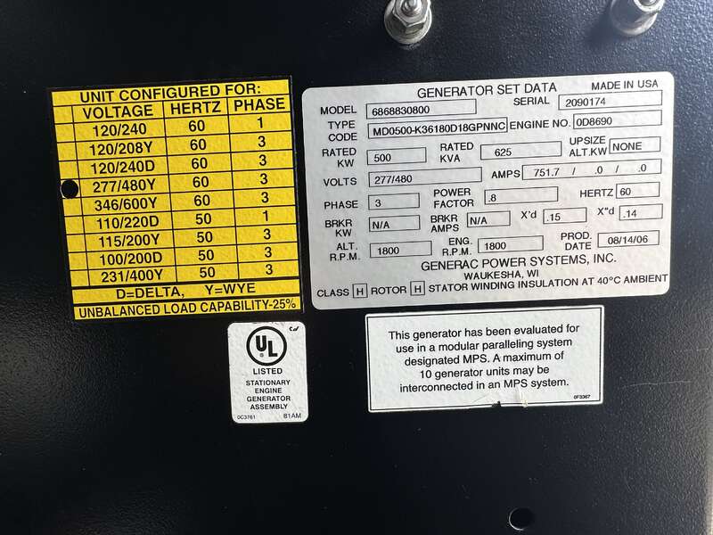 Used Generac MD0500 Paralleling Diesel Generator 409 Hrs EPA Tier 2                            