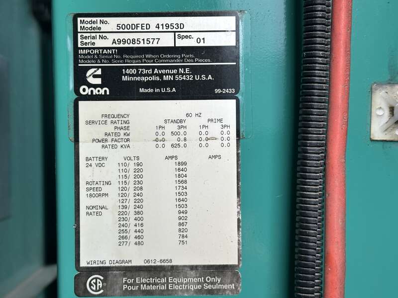 Used Cummins DFED KTA19-G4 Diesel Generator, 523 Hrs                            