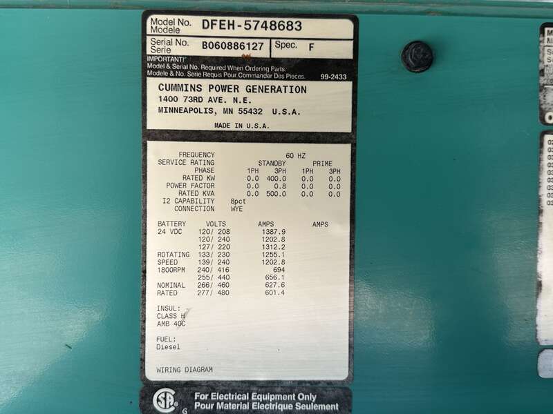 Used Cummins DFEH QSX15-G9 NR2 Diesel Generator 88 Hrs EPA Tier 2                            
