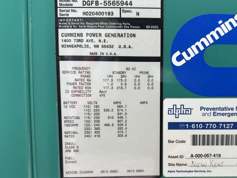 Used Cummins DGFB 6CTA8.3-G2 Diesel Generator, 714 Hrs                            