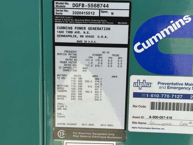 Used Cummins DGFB 6CTA8.3-G2 Diesel Generator, 259 Hrs                            