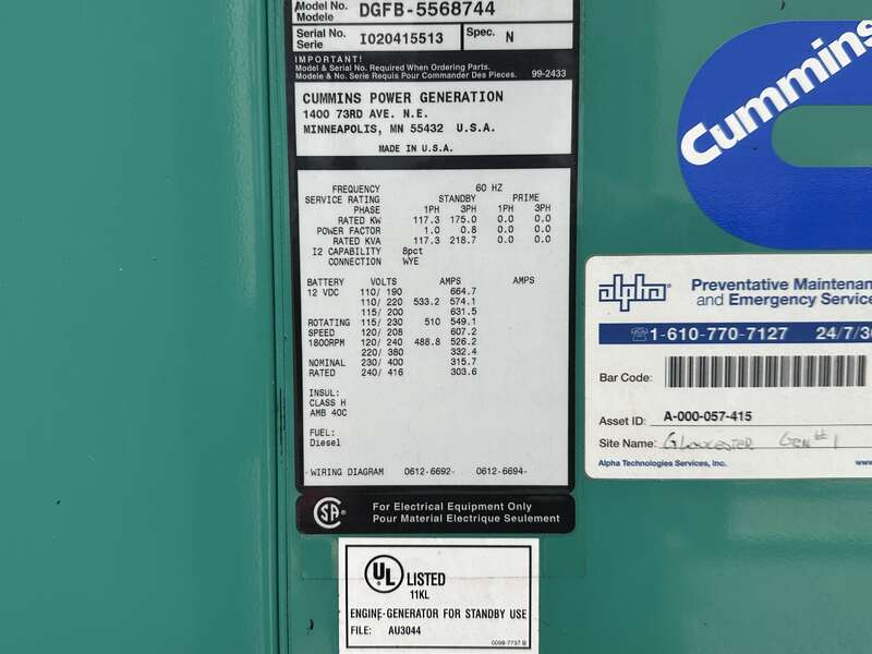 Used Cummins DGFB 6CTA8.3-G2 Diesel Generator, 245 Hrs                            