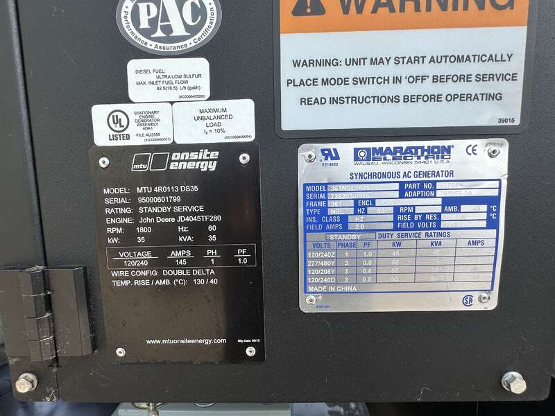 Used MTU DS35 John Deere 3029TFG89 Diesel Generator, 231 Hrs, EPA Tier 3, Single or 3 Phase                            