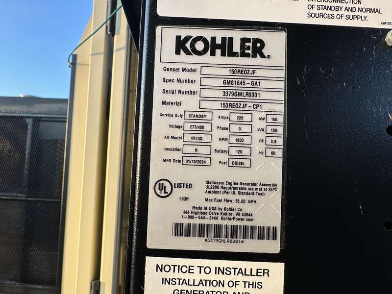 New / Surplus Kohler 150REOZJF John Deere 6068HF285K Diesel Generator, 0 Hrs, EPA Tier 3                            