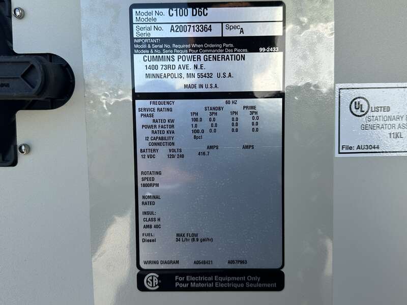 Used Cummins C100D6C QSB5-G13 NR3 Diesel Generator, 113 Hrs, EPA Tier 3, Single Phase                            
