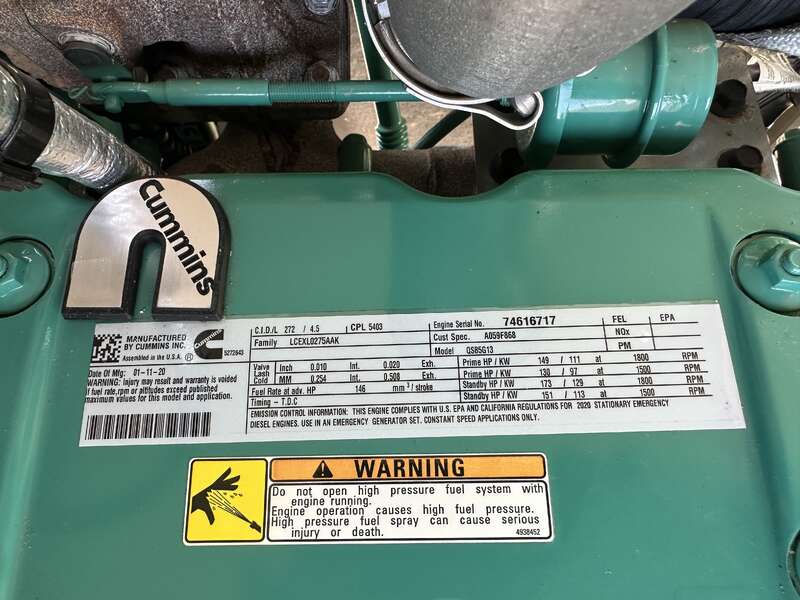 Used Cummins C100D6C QSB5-G13 NR3 Diesel Generator, 113 Hrs, EPA Tier 3, Single Phase                            