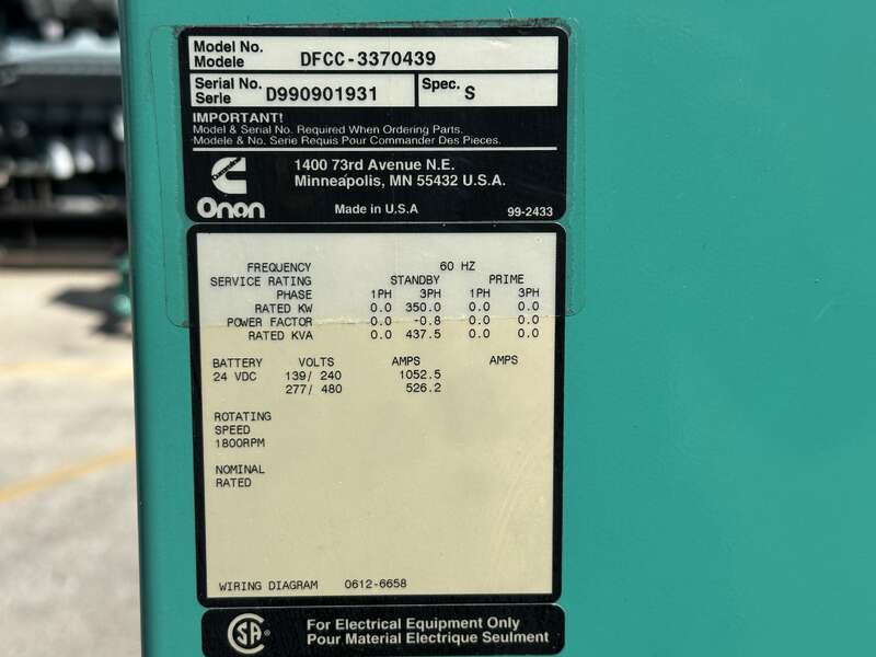 Used Cummins 350DFCC NTA-855-G3 Diesel Generator, 219 Hrs                            