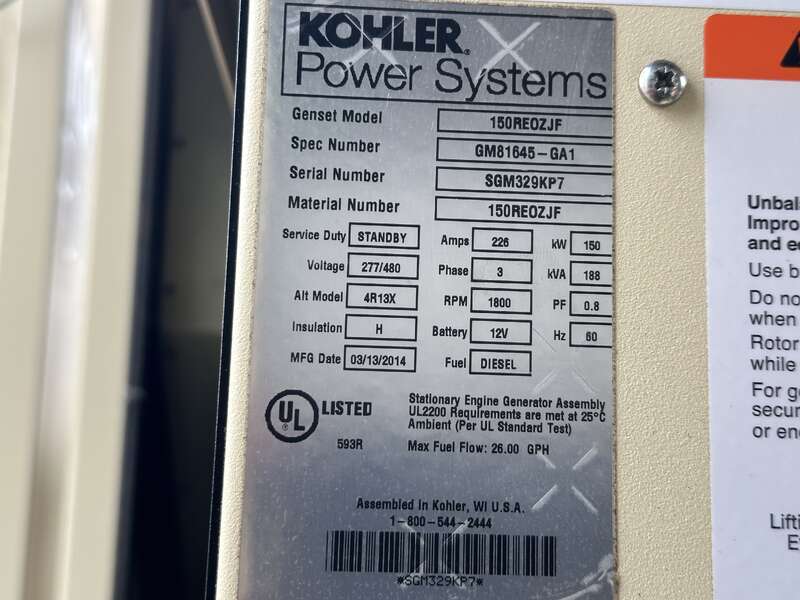 Used Kohler 150REOZJF Diesel Generator, 519 Hrs, EPA Tier 3                            