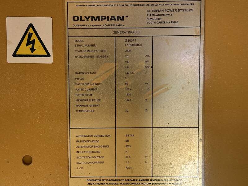 Used Caterpillar / Olympian G100F1 Natural Gas Generator, 845 Hrs                            