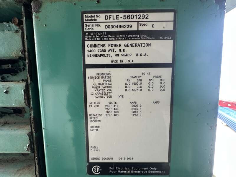 Used Cummins DFLE KTA50-G9 Diesel Generator, 1127 Hrs                            
