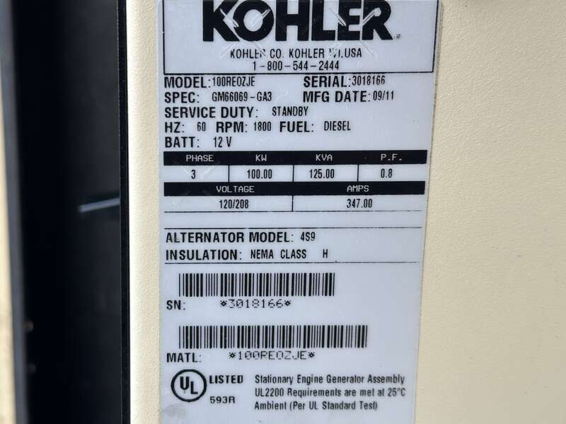 Used Kohler 100REOZJE Diesel Generator, 532 Hrs, EPA Tier 3                            