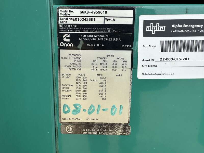 Used Cummins GGKB Natural Gas / Propane Generator, 1058 Hrs                            