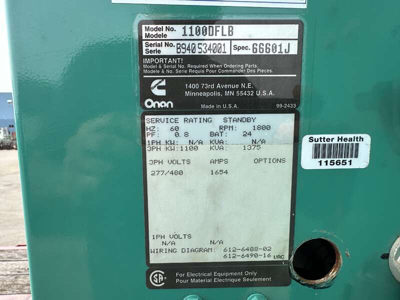 Used Cummins DFLB KTA50-G2 Diesel Generator, 863 Hrs                            