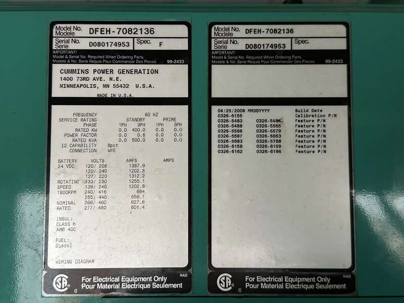 Used Cummins DFEH QSX15-G9 NR2 Diesel Generator 412 Hrs EPA Tier 2                            