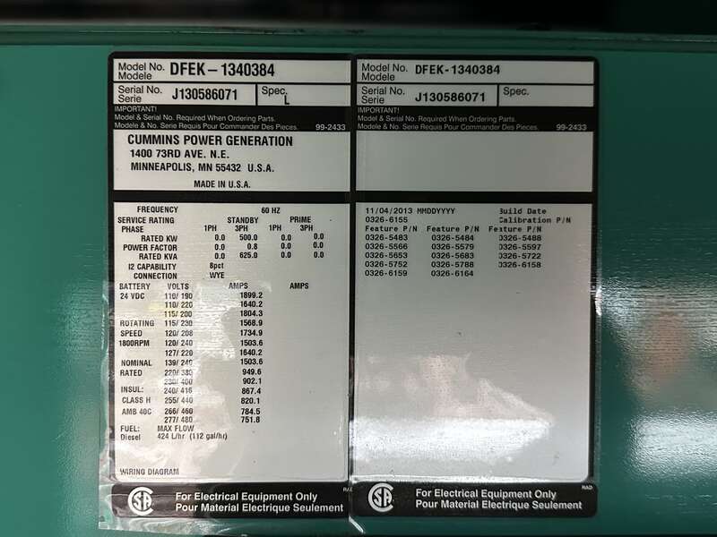 Used Cummins DFEK QSX15-G9 NR2 Diesel Generator, 429 Hrs, EPA Tier 2                            