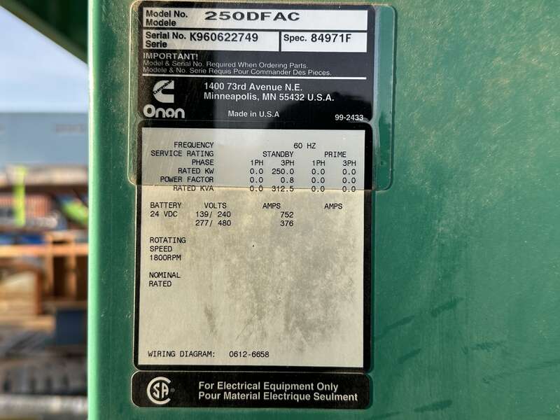 Used Cummins DFAC LTA10-G1 Diesel Generator, 505 Hrs                            