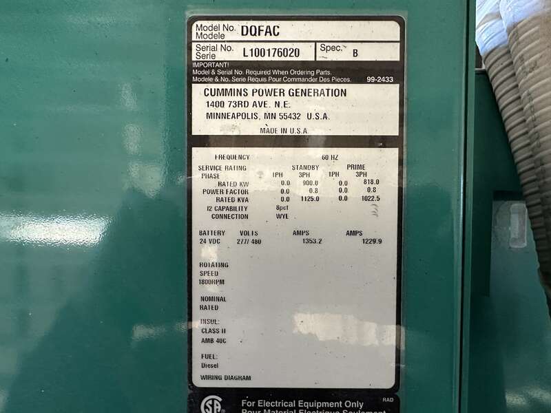 Used Cummins DQFAC QST30-G5 NR2 Diesel Generator, 22 Hrs, EPA Tier 2                            