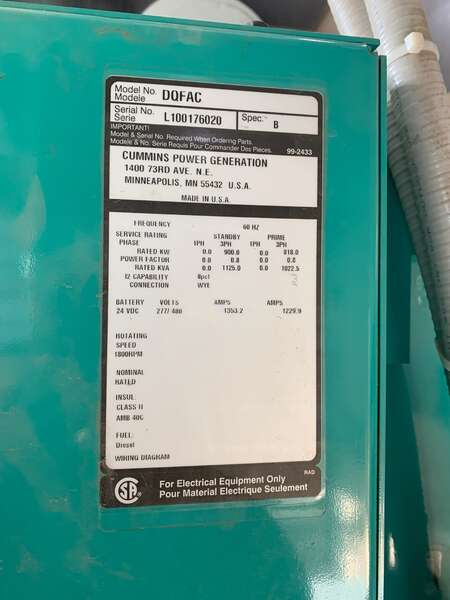Used Cummins DQFAC QST30-G5 NR2 Diesel Generator, 502 Hrs, EPA Tier 2                            