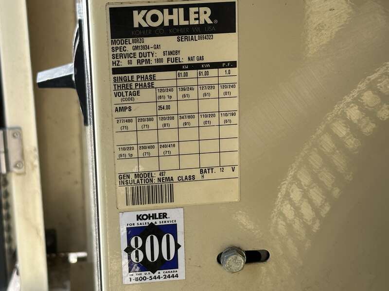 Used Kohler 80RZG Natural Gas/Propane Generator, 519 Hrs, Single Phase                            