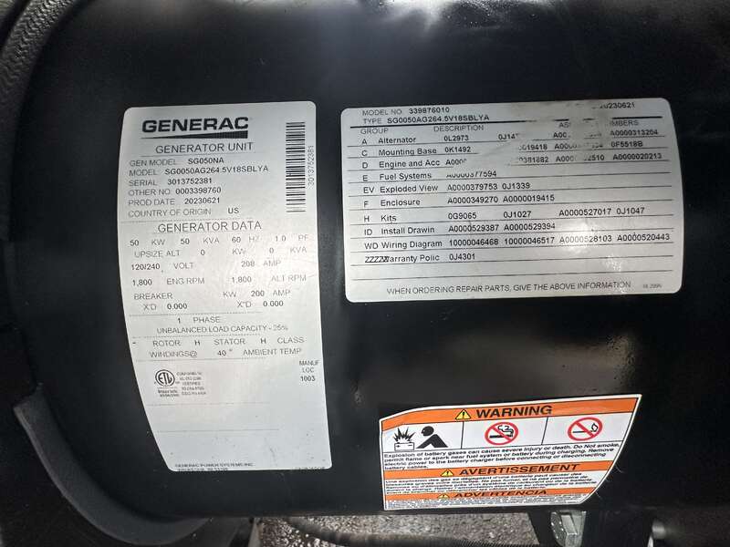 New / Surplus Generac SG050NA Natural Gas / LP Generator, 0 Hrs, EPA Certified - 1 or 3 Phase                            