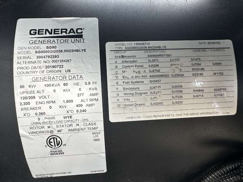 New / Surplus Generac SG080 Natural Gas / LP Generator, 0 Hrs, EPA Certified                            