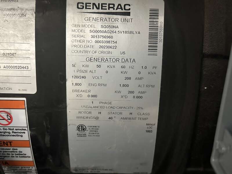 Used Generac SG050NA Natural Gas / LP Generator, 2244 Hrs, EPA Certified - 1 Phase                            