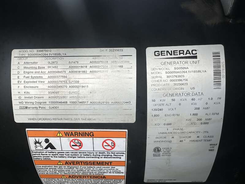 Used Generac SG050NA Natural Gas / LP Generator, 707 Hrs, EPA Certified - 1 Phase                            