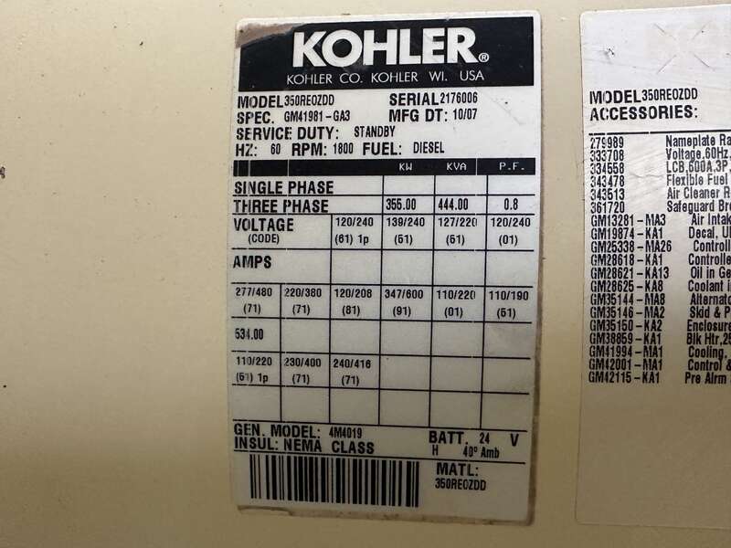 Used Kohler 350REOZDD  Diesel Generator, 199 Hrs EPA Tier 3                            