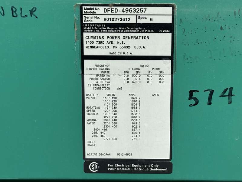 Used Cummins DFED KTA19-G4 Diesel Generator, 419 Hrs                            