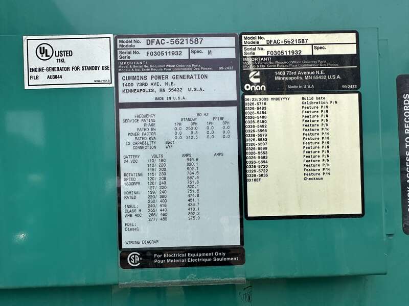 Used Cummins DFAC LTA10-G1 Diesel Generator, 672 Hrs                            