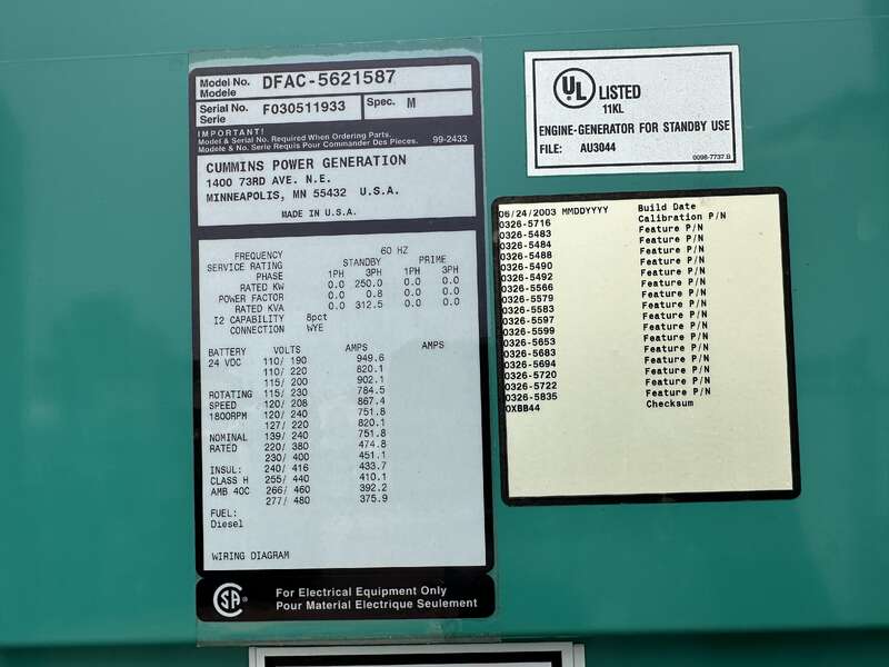 Used Cummins DFAC LTA10-G1 Diesel Generator, 666 Hrs                            