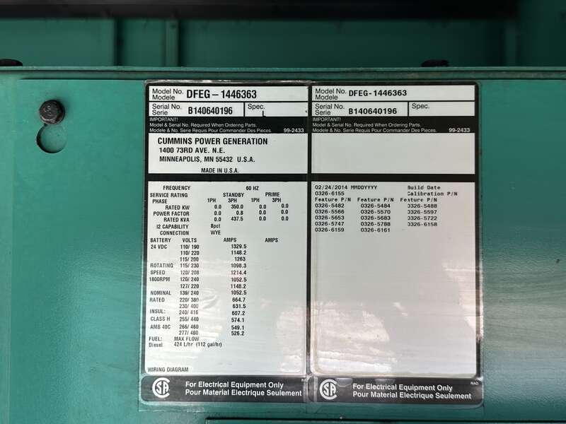 Used Cummins DFEG QSX15-G9 Diesel Generator 522 Hrs EPA Tier 2                            