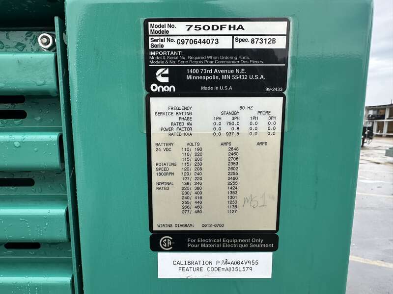 Used Cummins 750DFHA Diesel Generator, 483 Hrs                            