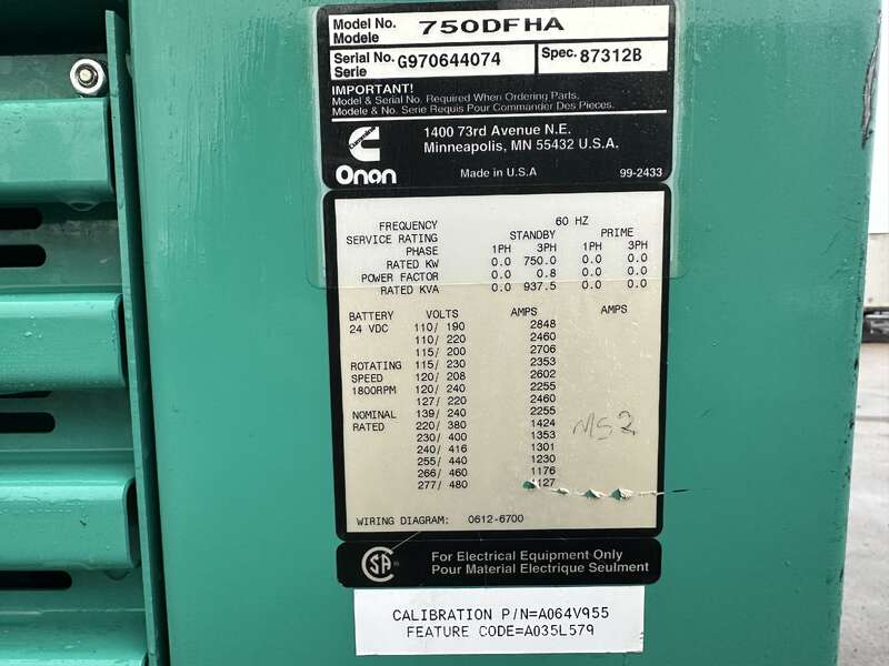Used Cummins 750DFHA Diesel Generator, 446 Hrs                            