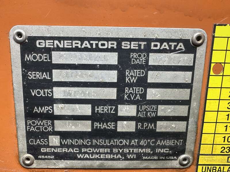 Used Generac SD060 Diesel Generator, TBD Hrs                            