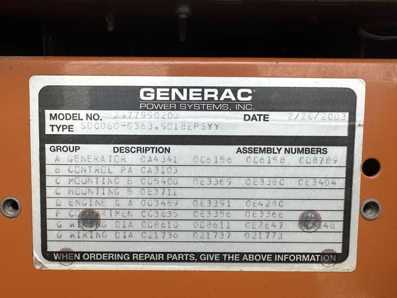 Used Generac SD060 Diesel Generator, TBD Hrs                            
