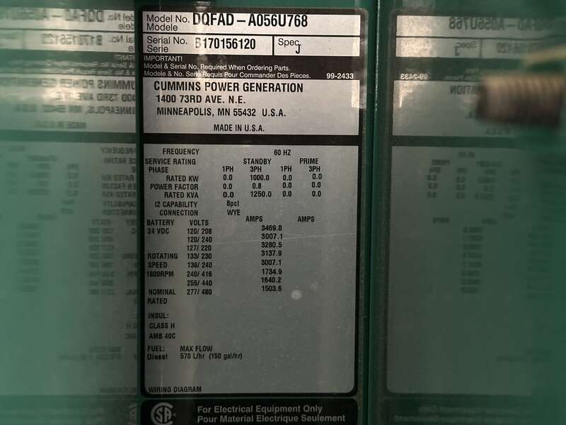 Used Cummins DQFAD QST30-G5 NR2 Diesel Generator, 383 Hrs, EPA Tier 2                            