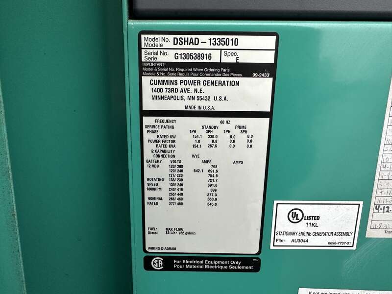 Used Cummins DSHAD QSL9-G2 NR3 Diesel Generator, 247 Hrs, EPA Tier 3                            