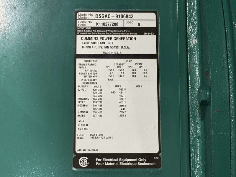 Used Cummins DSGAC QSB7-G3 NR3 Diesel Generator, 637 Hrs, EPA Tier 3                            