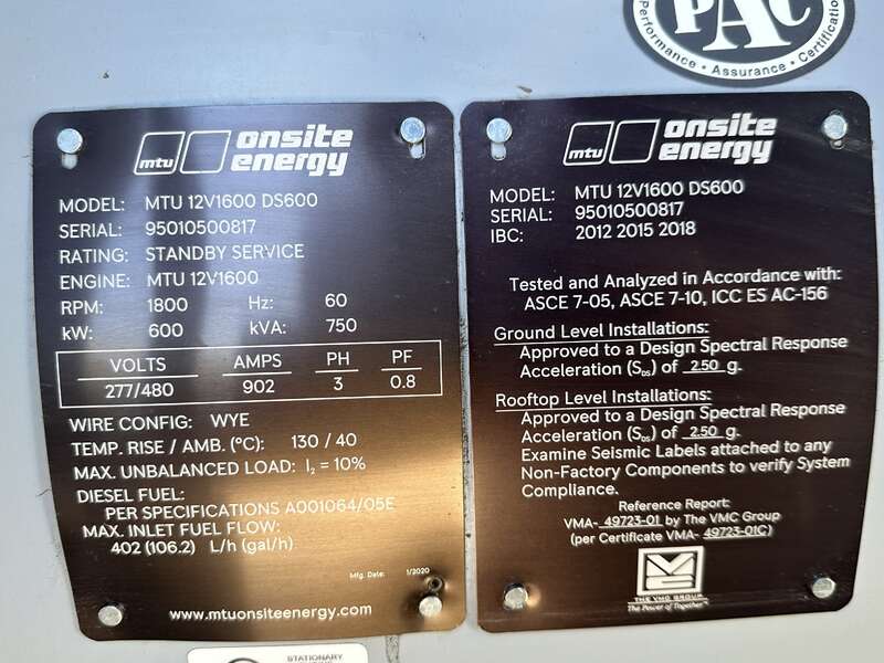 Used MTU DS600 12V1600G80S Diesel Generator, 105 Hrs, EPA Tier 2                            