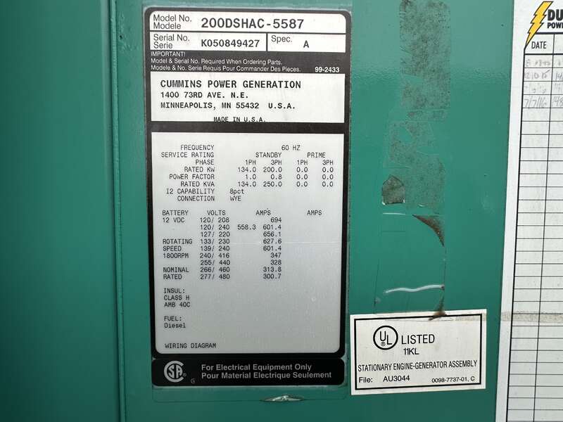 Used Cummins DSHAC Diesel Generator, 207 Hrs, EPA Tier 3                            